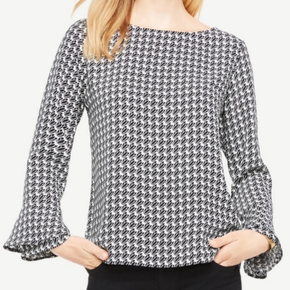 Ann Taylor Boatneck Black & White Floral Print Blouse